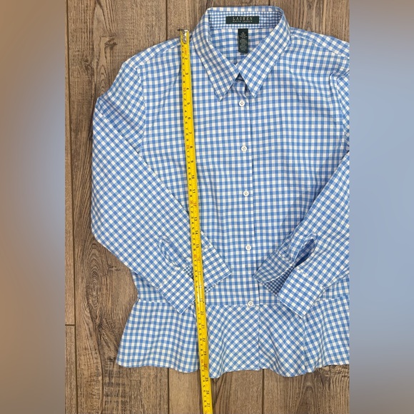 Lauren Ralph Lauren Women’s Blue White Gingham Peplum Shirt Size 12 Cotton - Picture 10 of 11